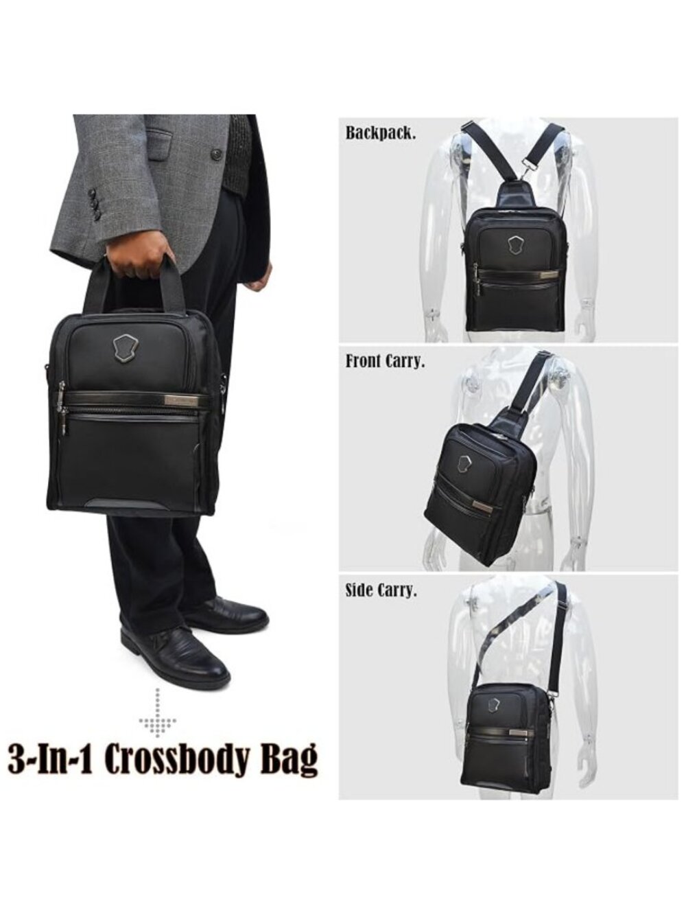 WELKINLAND 3 In 1 Crossbody Messenger Shoulder Backpack Heavy Duty 20 Pockets